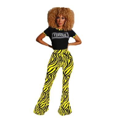 China 2020 Breathable Women Summer Fashion Zebra 2 Piece Outfits Printed Round Neck Shorts Sheaths T-Shirt With Flare Pants Casual Two Piece Set for sale