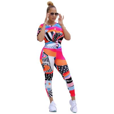 China 2020 Summer Breathable Women Pattern Casual Round Neck Print Short Sleeve Two Piece Tracksuit With Pants Bodycon Two Piece Set F194 for sale