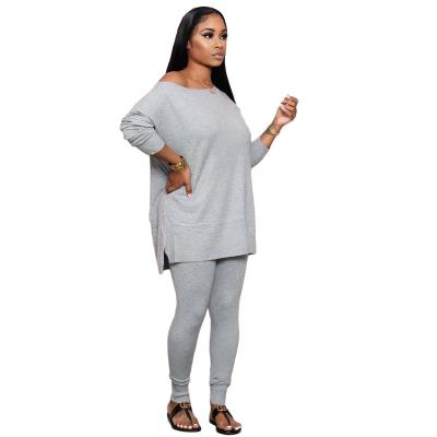 China 2020 Summer Women Solid Color Breathable Two Piece Tracksuit Casual Off Shoulder Long Sleeve T-shirt With Loose Pants Two Piece Set S6238 for sale