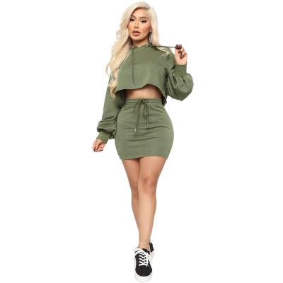 China Solid Color Winter Gear Breathable Hooded Woman Long Sheath Cropped Sweater With Drawstring Mini Skirt Dress Two Piece for sale