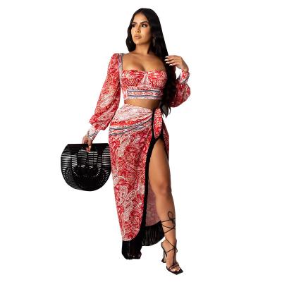 China 2020 Breathable Sexy Autumn Women Printed Two Piece Tracksuits Square Collar Sheath Long Mini Top With Midi Tassel Trim 2 Pcs Set CCY8648 for sale