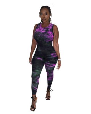 China 2022 Summer Breathable Women Knitting Tie Dye Printed Sleeveless Romper Body-con Fashion Jumpsuit Sexy Round Neck Jumpsuits for sale