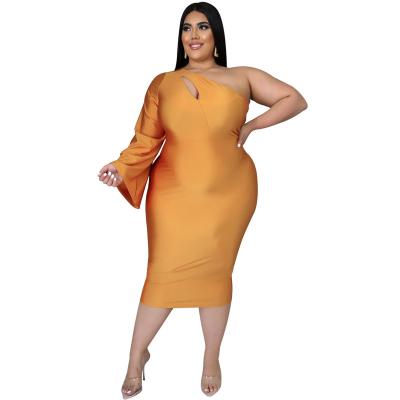 China K2036 Autumn Women Solid Color Dress Breathable Sexy One Shoulder Long Sleeves Dress Fashion Plus Size Bodycon Midi Dress for sale