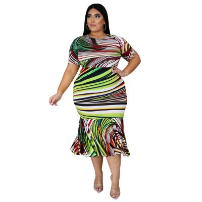 China Breathable Striped Print Women Dress Casual Round Neck Short Sheath Dresses Shape Plus Size Bodycon Midi Dress for sale