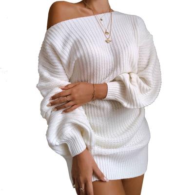 China 2022 Autumn Women Solid Color Breathable Sexy Off Shoulder Sheath Long Knitting Dresses Mini Sweater Dresses Fashion Clothing for sale