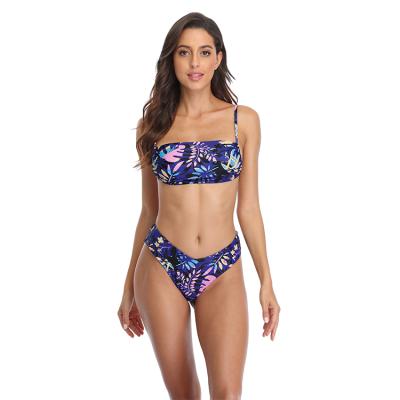 China Windproof In Running Women's Strapless Leaves Print Bandeau Cutout Bikini Top Set With Waist Band for sale