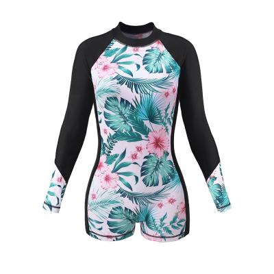 China Long Sleeve Womens Flower Back Printed One Piece Zipper Long Sleeve Rash Guard Swimwear for sale