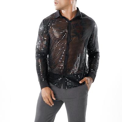 China Anti-pilling 2021 Fashion New Design Sequin Stylish T-shirt Nightclub Long Sleeve Trending Shirts For Men for sale