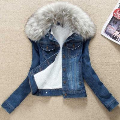 China 2021 AUTUMN/winter raincoat women thin and thick fleece cotton denim collar detachable jacket for sale