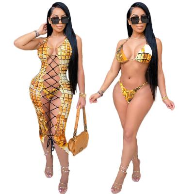 China Three Pieces Milk Print Strappy Silk Breathable Bikini Swimwear Gold Print Swimwear With Cover Up for sale