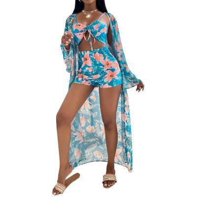 China Breathable Hot Sell Strappy Halter Swimsuit Floral Cover Up Maxi Dress High Waist Short Three Piece Swimsuit For Women for sale