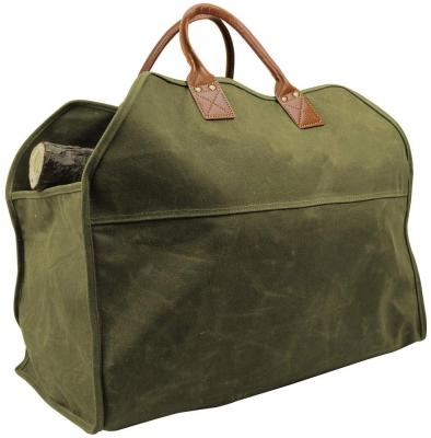 China CHD-01 Logo Printed Heavy Duty Army Green Waxed Canvas Log Carrier Packing Firewood Rack With Leather Handle CHD-01 for sale