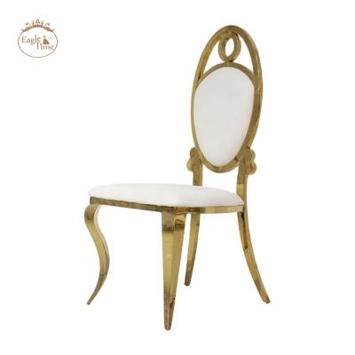 China Modern Stainless Steel Gold Hotel PU White Leather Soft Bag Dining Chair Suits Wedding Metal Stacked Bamboo Chair for sale