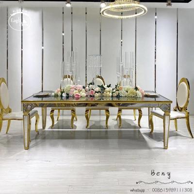 China Rectangle Modern Wedding Banquet Top Stainless Steel Frame Mirror Glass Table for sale