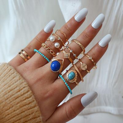 China Vintage 15 Piece Geometric Metal Triangle Twist Chain Knuckle Rings Colorful Vintage Beads Turquoise Rings Women for sale