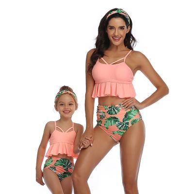 China New Design 2021 Mayo Femm Designer Family Bathing Suit Removable Padded Rose Print Mommy And Me Cute Bikini Ruffle Two Piece Swimwear for sale