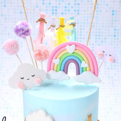 China Wholesale Soft Clay Colorful Cartoon Rainbow Cake Topper Boy or Girl Happy Birthday Decoration Wedding Party Baking Supplies for sale