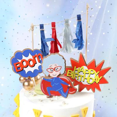 China Old Cartoon Double-Layer Paper Grandma Grandpa Superhero Theme Happy Birthday Cake Topper Party Decoration Accessories for sale