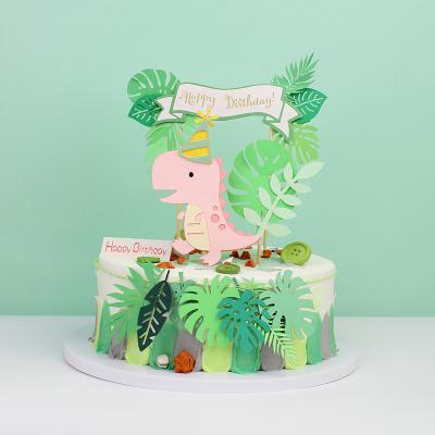 China Paper Cake Topper Boy Baby Shower Topper Cute Dinosaur Green Leaf Happy Birthday Cake Topper or Girl Dinosaur Party Decoration for sale