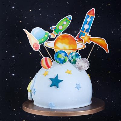 China Cake Topper Space Planet Spaceship Cake Theme Paper Children's Happy Birthday Day Kids Gifts Baking Birthday Decoration for sale