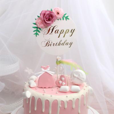 China Paper Cake Topper Sweet Flowers Ribbon Mother's Day Round 1pc Happy Birthday Letter DIY Cake Decorations Birthday Party Supplies for sale