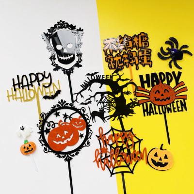 China Happy Halloween Gifts Double Halloween Cake Topper Acrylic Skull Pumpkin Theme Cake Decoration High Quality for sale