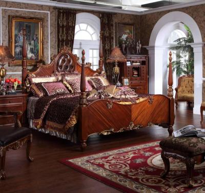 China Handmade European royal style, luxury pure elaborate carved solid wood carving bed, using the first layer of cowhide leather and mahogany for sale