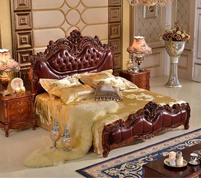 China Luxury handmade all solid wood carving bed handcrafted in euro royal style with top layer of cow leather and mahogany for sale