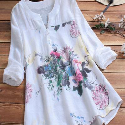 China 2022 New Women's Breathable Buttoned Cotton And Canvas Ethnic Clothing Printed Plus Size Mid Length Irregular Summer Loose Dresses for sale