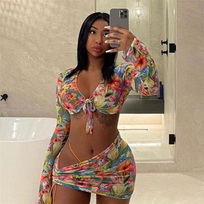 China Breathable Sexy Sheer Mesh 3 Pieces Set Club Outfits For Women Beach Vacation Crop Top Skirt Suits Sets Women Matching Sets for sale