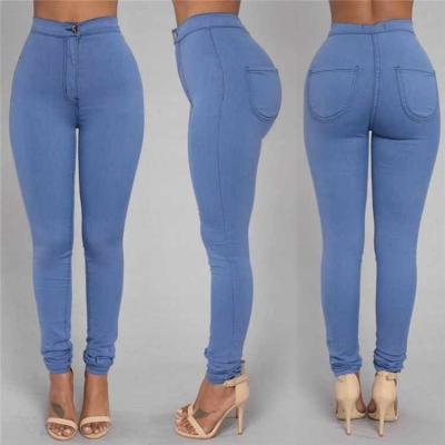 China Breathable Clothing Stock Fitted Solid Color High Waist Women Elastic Jeans for sale