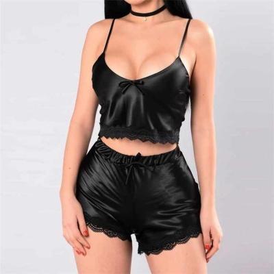 China Solid Color Silk Nightwear Lace Camisole High Waisted Women Nightwear Sexy QUICK DRY Sexy Lingerie 2 Piece Short Women Pajama Sets for sale