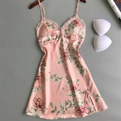 China QUICK DRY women sling nightgown chest pad sexy silk pajamas printed silk hot women sexy sleepwear for sale