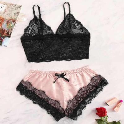 China QUICK DRY Sexy Floral Cami Shorts Sleepwear Womens Pajama Sets Satin Lace Trim 2 Piece Pajama Shorts Set Women for sale