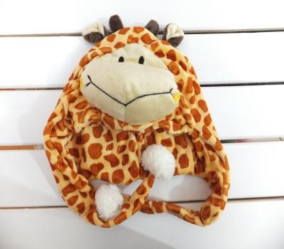 China Beautiful&lovely soft stuffed plush giraffe head animal head hat with matching earflaps&pompoms for winter warming for sale