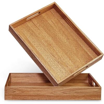 China Sustainable Acacia Wood Serving Tray with Handle 2-piece Set Coffee Table BBQ Party Decoration Tray for sale