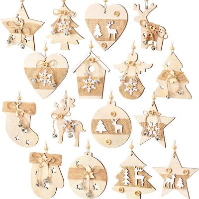 China Home Office Hotel Decoration Wooden Ornaments Rustic Wooden Hanging Christmas Tree Ornaments Natural Wood Hanging Set for sale