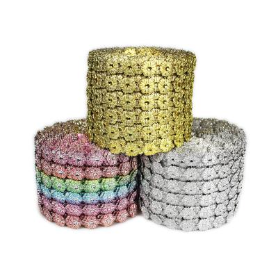 China Flatback 6 Rows Type Shapes Diamond Mesh Wrap Roll Faux Rhinestone Crystal Mesh Ribbon Roll of Glitter Flower for sale