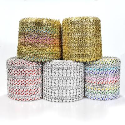 China Flatback 8+8 Rows Plum Shape Diamond Mesh Wrap Roll Faux Rhinestone Crystal For Wedding Decoration Mesh Ribbon Roll for sale