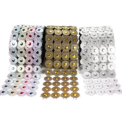 China Flatback 4 Row Shiny Round Shape Mesh Wrap Roll Faux Rhinestone Crystal Mesh Ribbon Roll for sale