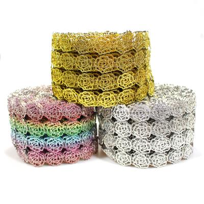 China Flatback 4 Rows Big Glitter Flower Shapes Diamond Mesh Wrap Roll Faux Stone Diamante Sliver Crystal for sale