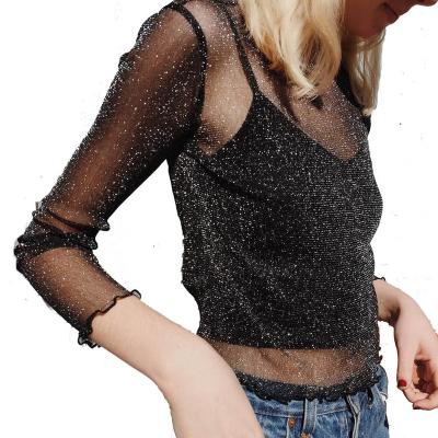 China Sexy QUICK DRY Mesh Shiny Long Sleeve T-shirt women spring transparent sexy thin neck black party club short tops tees O for sale