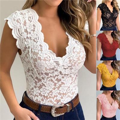 China S-5XL Summer Fashon Tops Lace Shirts Breathable Sexy Female Acrylic Club Shirts Deep V Lace Up Sexy V Neck Fashon Sleeveless Top for sale