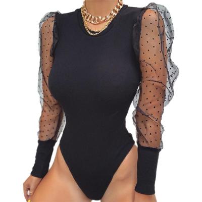 China Mesh Puff Sleeve Elegant Bodysuits Breathable Full Women Long Sheath Solid Sexy Top Female Club Body Vintage Overalls Bodycon Jumpsuits for sale