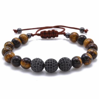 China CLASSIC Retro Micro Insert Black Cubic Zircon Bead Bracelets Tiger Eye Stone Beaded Bracelet Natural Yellow (MB18216) for sale