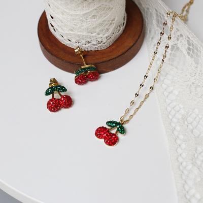 China Trendy Trendy Jewelry Women Gold Plated Clay CZ Cherry Necklaces And Earring Set Stainless Steel Cherry Necklace Cherry Fruit Summer for sale