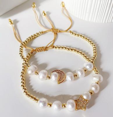 China NEW Cute Design With Micro Set Diamond Moon Jewelry Gold Pearl String Natural Pearl Copper Plated Bracelet For Women for sale