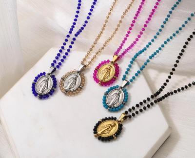 China Fashion Jewelry Stainless Steel Gemstone Virgin Religious Necklace Stained Glass Beads Chain Ethnic Style Jewelry Necklace for sale