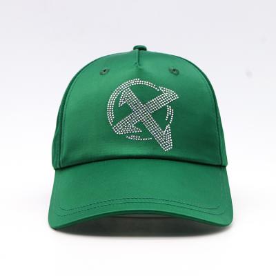 China COMMON 6 Panel Green Satin Baseball Cap Hat With Rain Stone Logo for sale