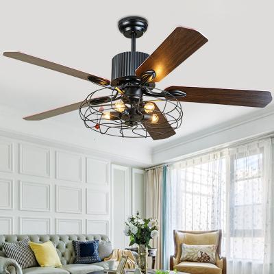 China Remote Control USA morden industrial style 5 wood blades led ceiling fan with bulb for celing with pull out control for sale